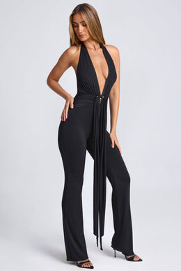 Tall Hardware Detail Plunge Halterneck Jumpsuit in Black