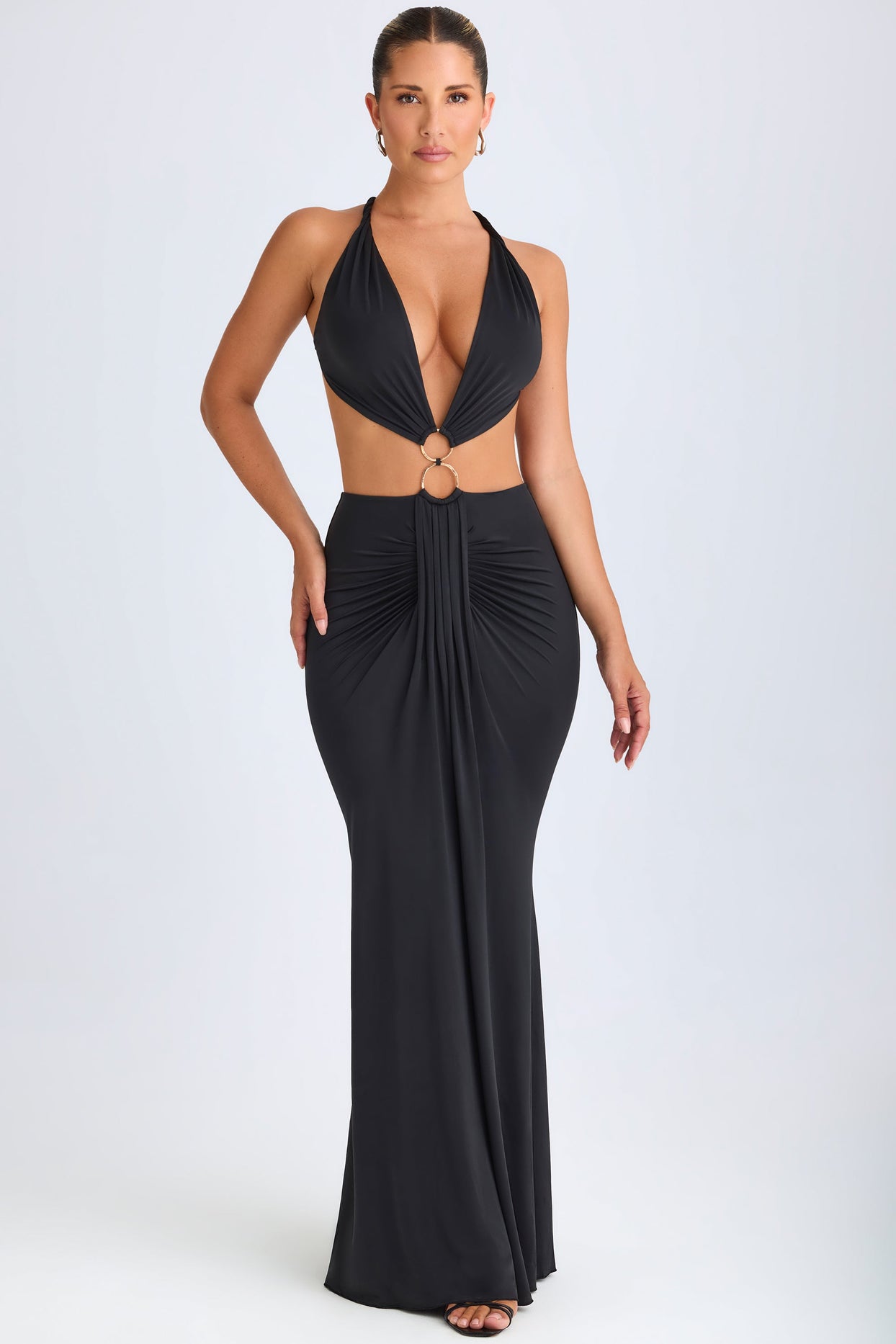 Omarosa Hardware Detail Cut-Out Halterneck Maxi Dress in Black | Oh Polly Omarosa Hardware Detail Cut-Out Halterneck Maxi Dress in Black | Oh Polly