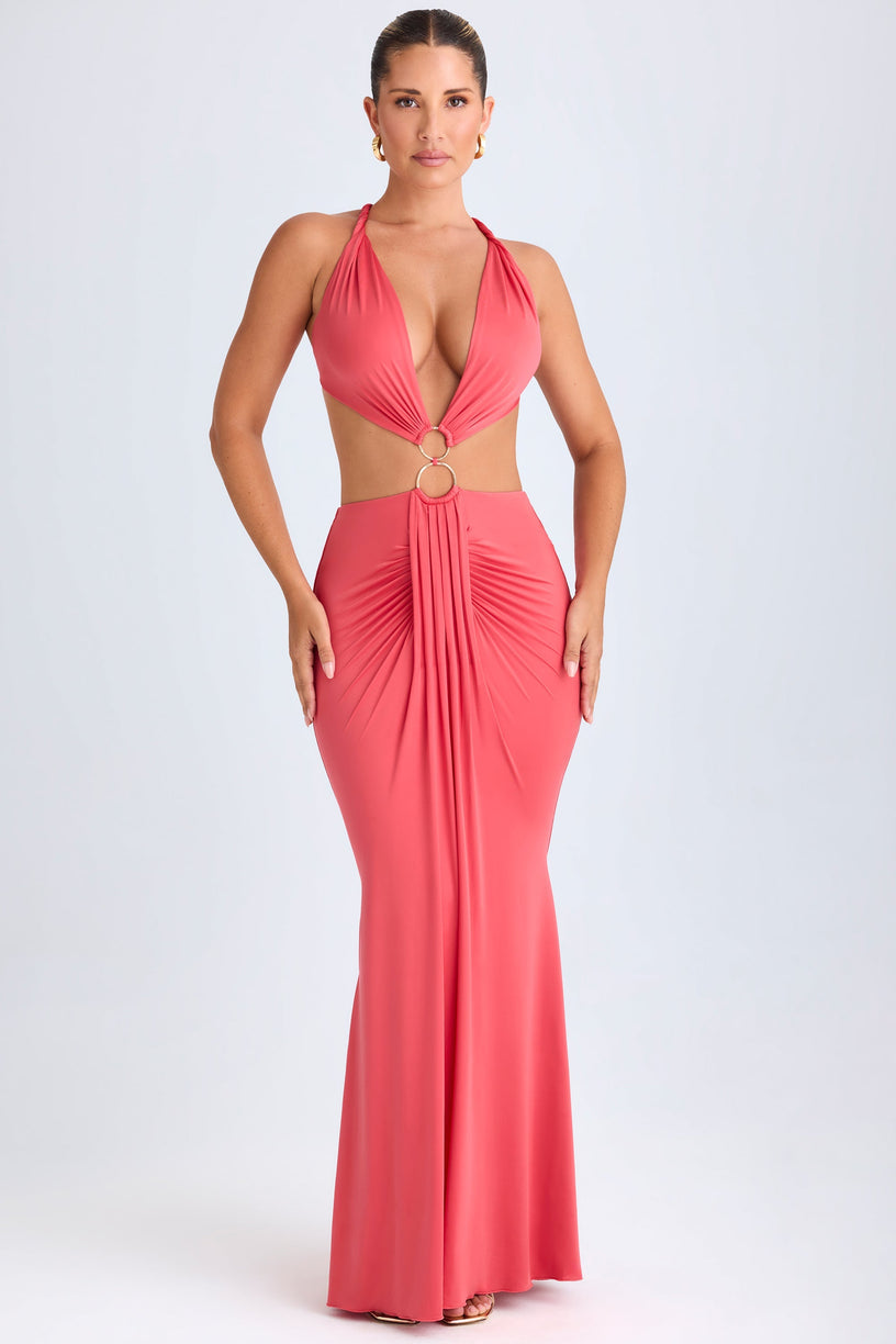 Hardware Detail Cut-Out Halterneck Maxi Dress in Coral - 1