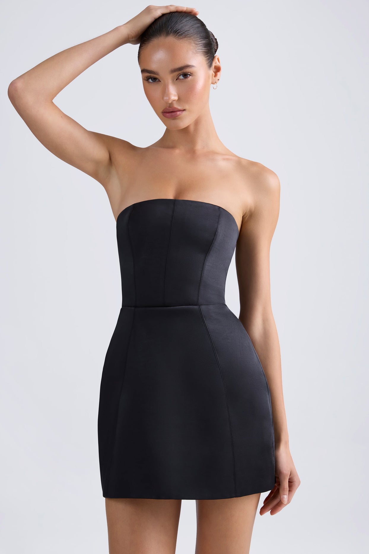 Bandeau Structured Tulip Mini Dress in Black