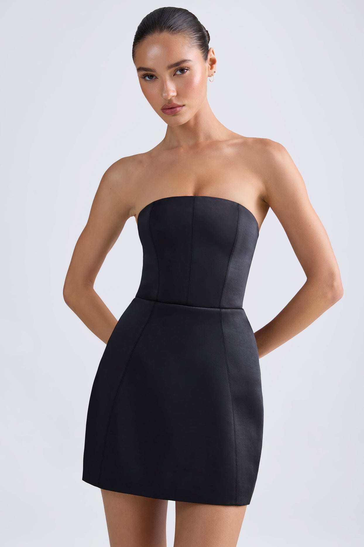 Bandeau Structured Tulip Mini Dress in Black