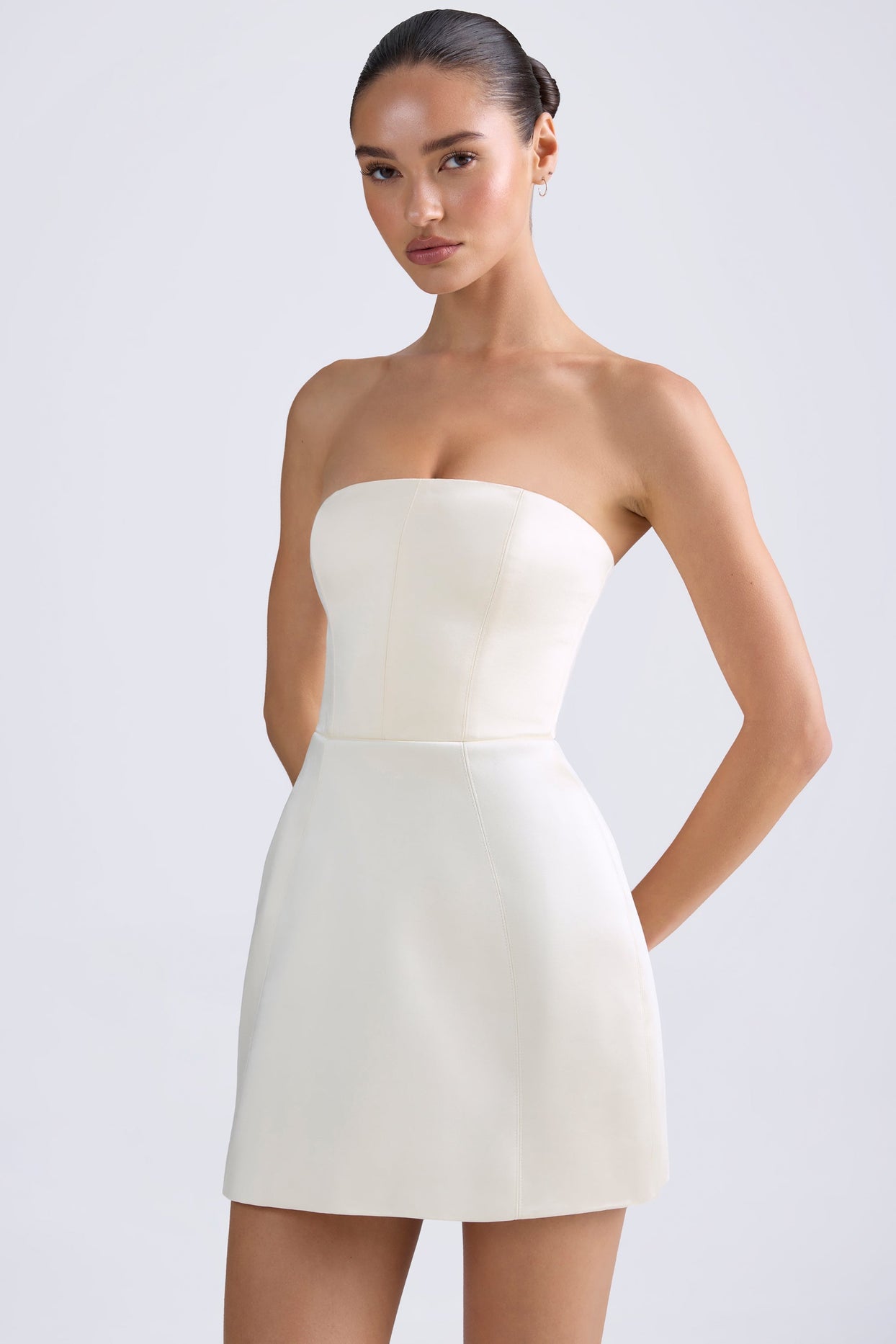 Bandeau Structured Tulip Mini Dress in Ivory