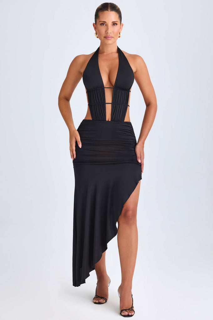 Asymmetric Cut-Out Halterneck Midaxi Dress in Black