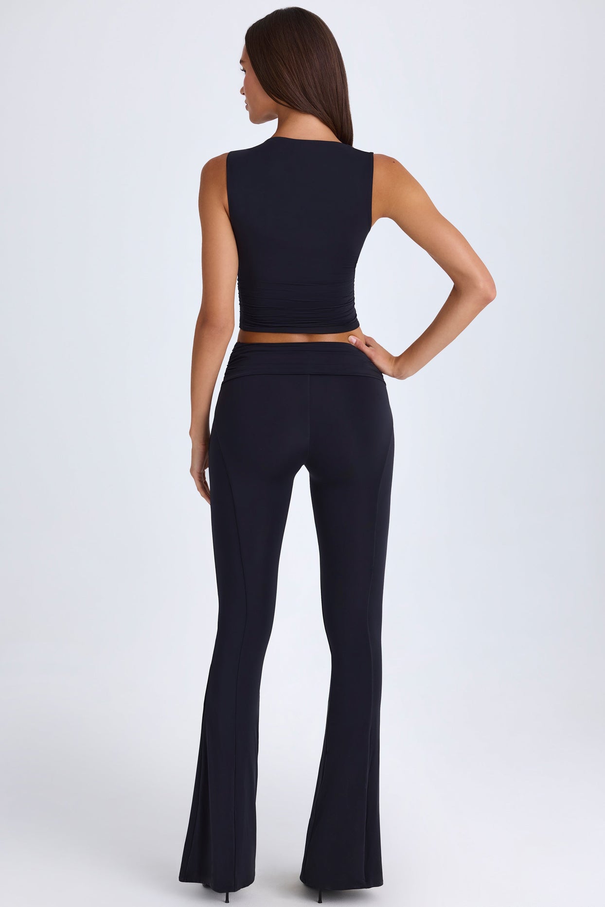 Petite Foldover Flared Trousers in Black