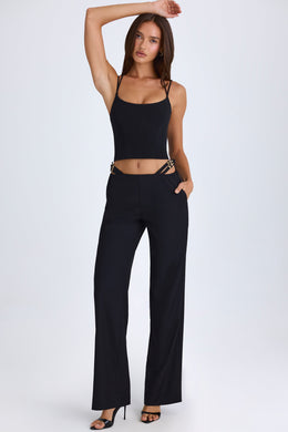 Petite Belted Cut-Out Wide-Leg Trousers in Black