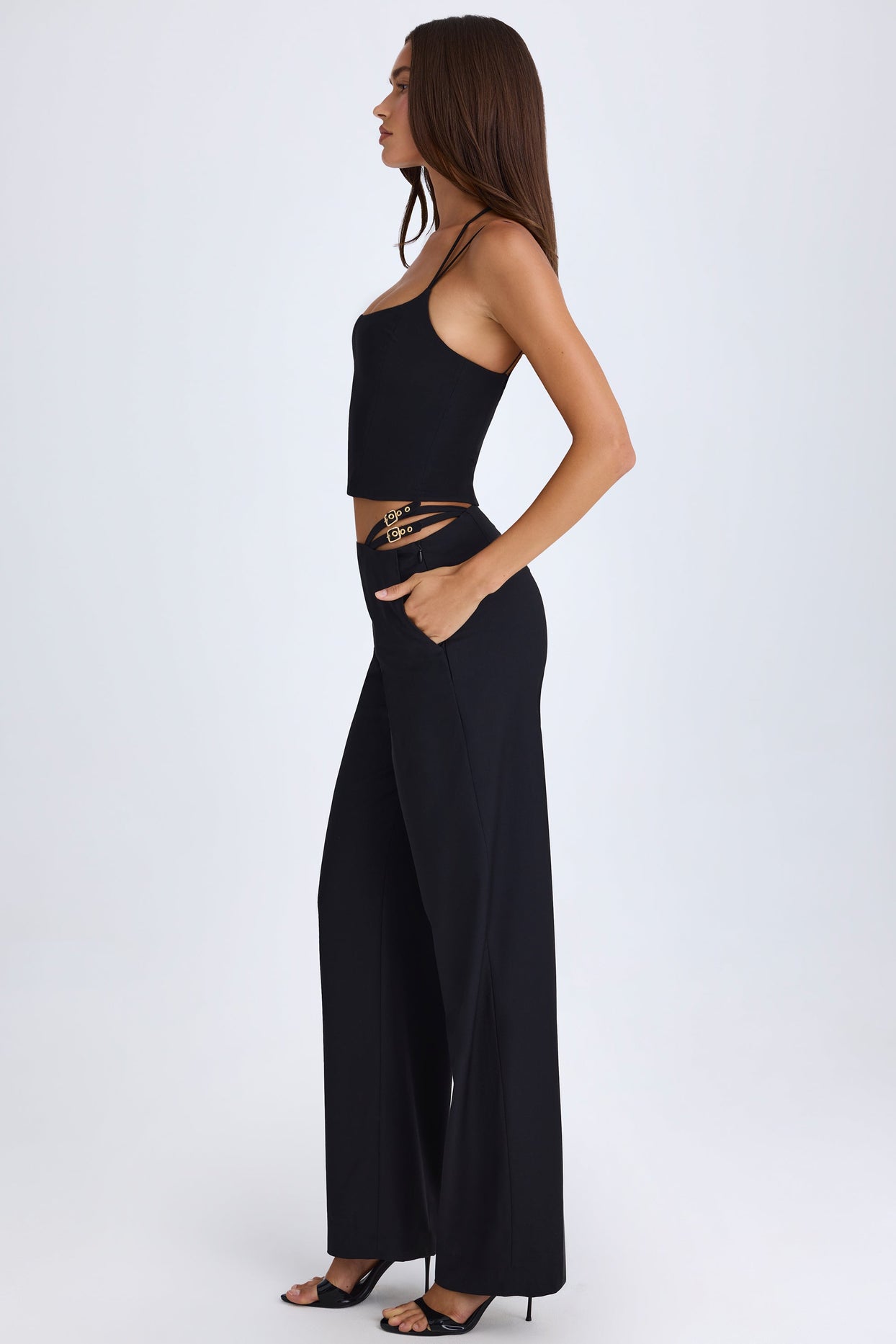 Belted Cut-Out Wide-Leg Trousers in Black