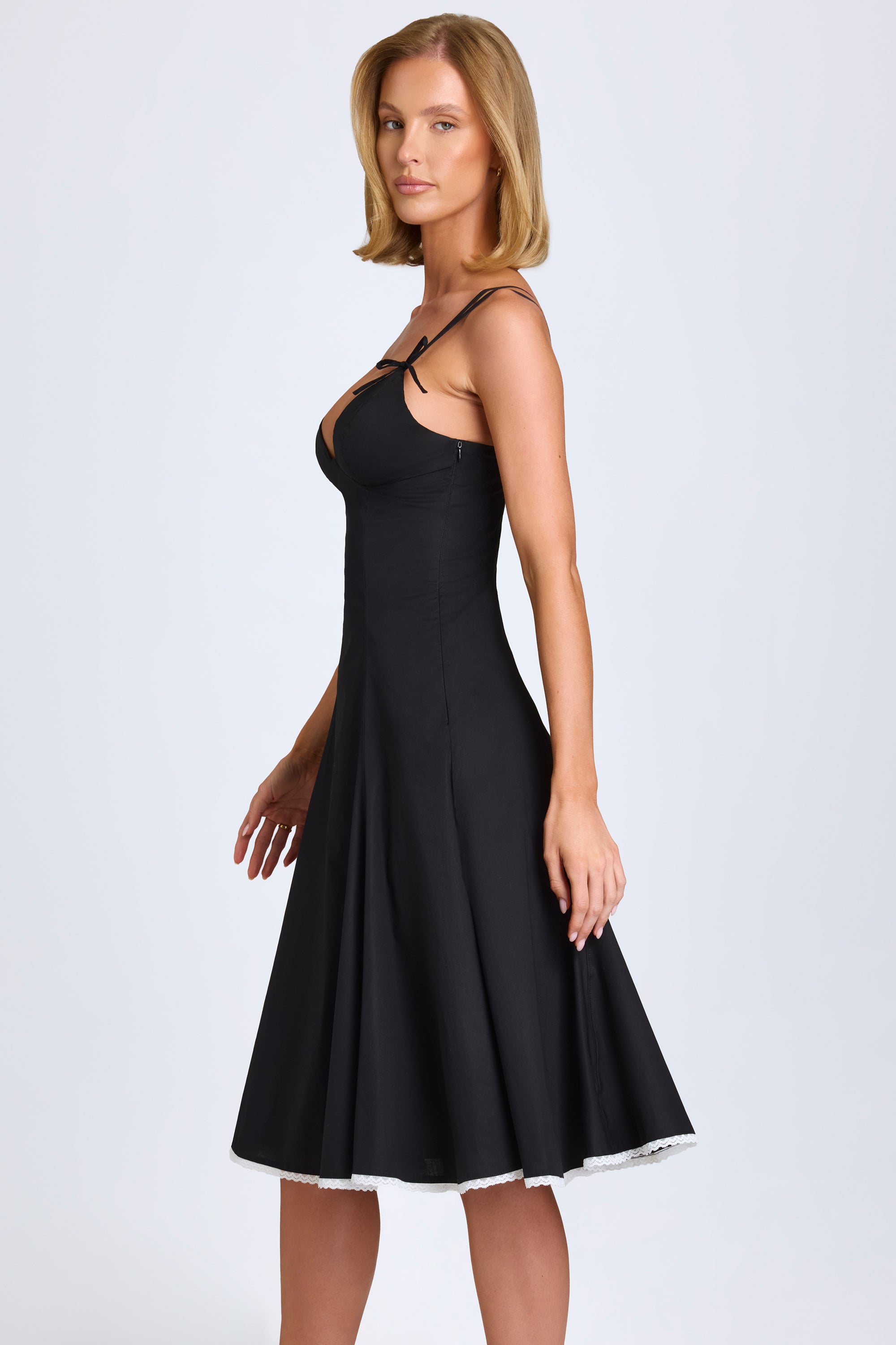 Mallory Bow Detail Lace Trim A Line Midi Dress in Black Oh Polly