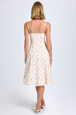 Bow-Detail Lace-Trim A-Line Midi Dress in Small Rose Print