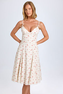 Bow-Detail Lace-Trim A-Line Midi Dress in Small Rose Print