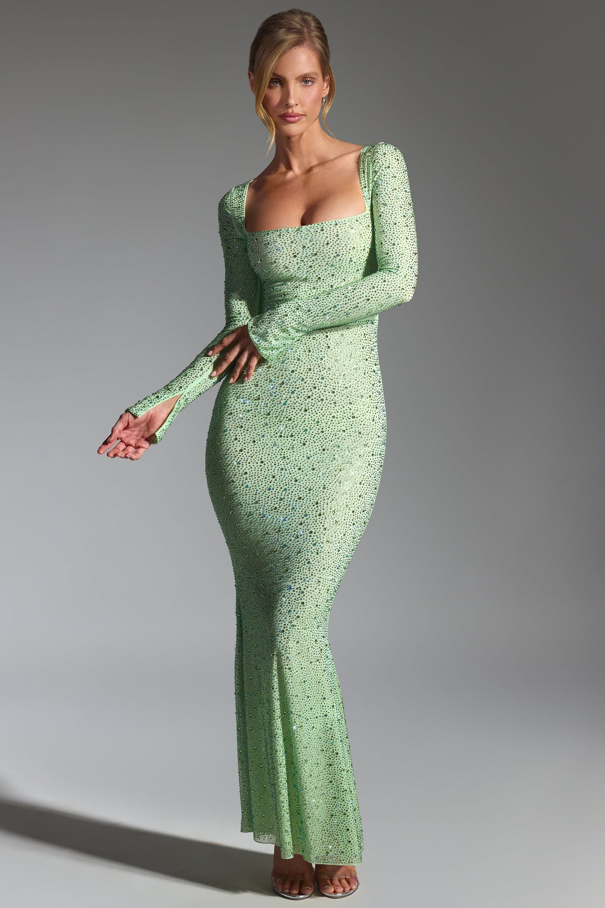 Embellished Long-Sleeve Fishtail Maxi Dress in Pistachio Embellished Long-Sleeve Fishtail Maxi Dress in Pistachio