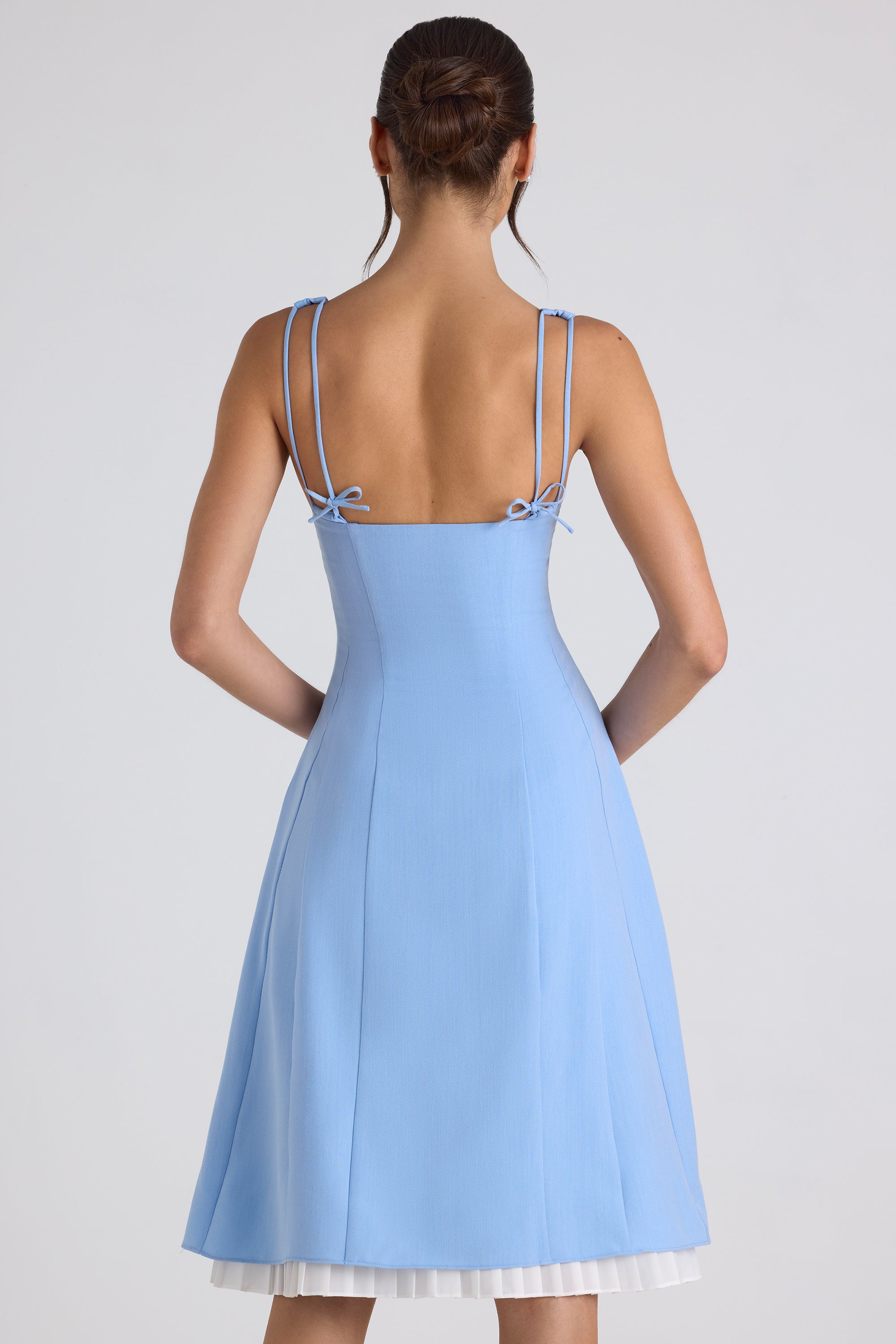 Isadora Bow-Embellished Pleated A-Line Midi Dress in Sky Blue | Oh Polly