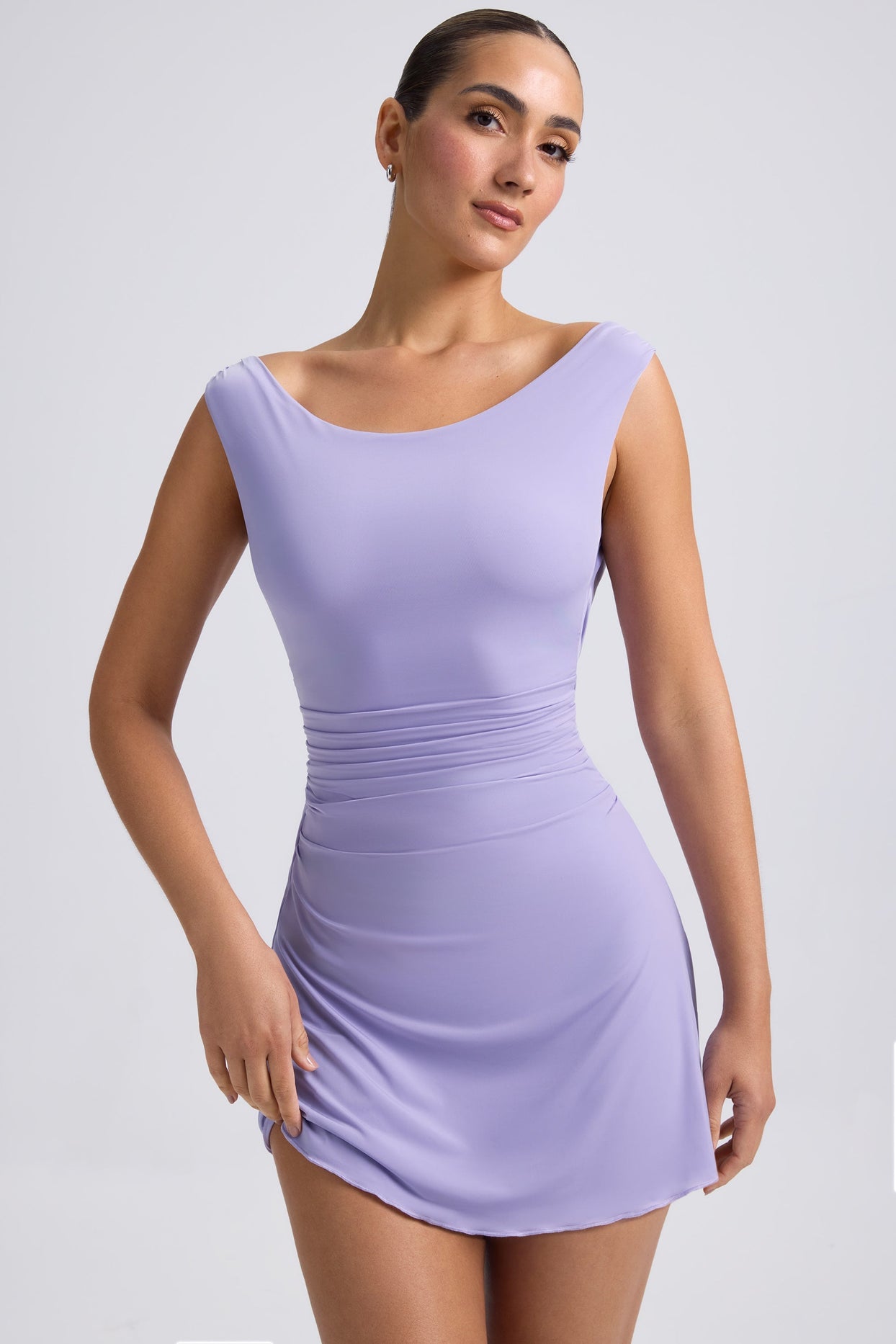 Off-Shoulder Cowl-Back A-Line Mini Dress in Dusty Lilac