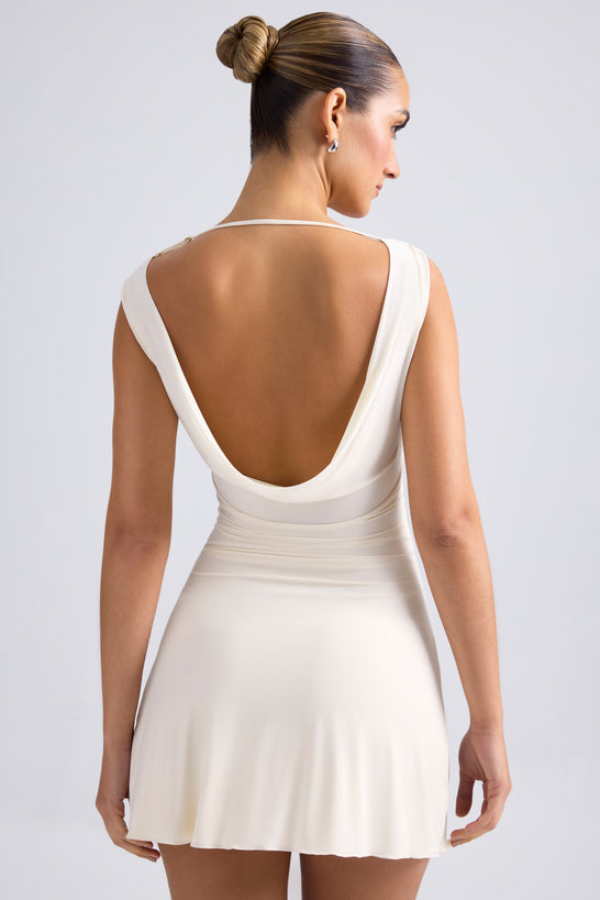Off-Shoulder Cowl-Back A-Line Mini Dress in Ivory Off-Shoulder Cowl-Back A-Line Mini Dress in Ivory