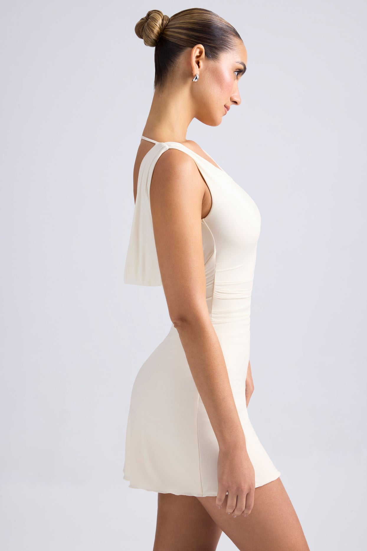 Off-Shoulder Cowl-Back A-Line Mini Dress in Ivory Off-Shoulder Cowl-Back A-Line Mini Dress in Ivory