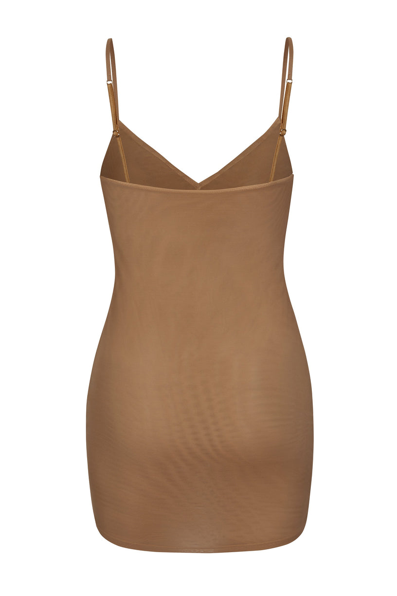 Soft Mesh V-Neck Mini Slip Dress in Almond - 2