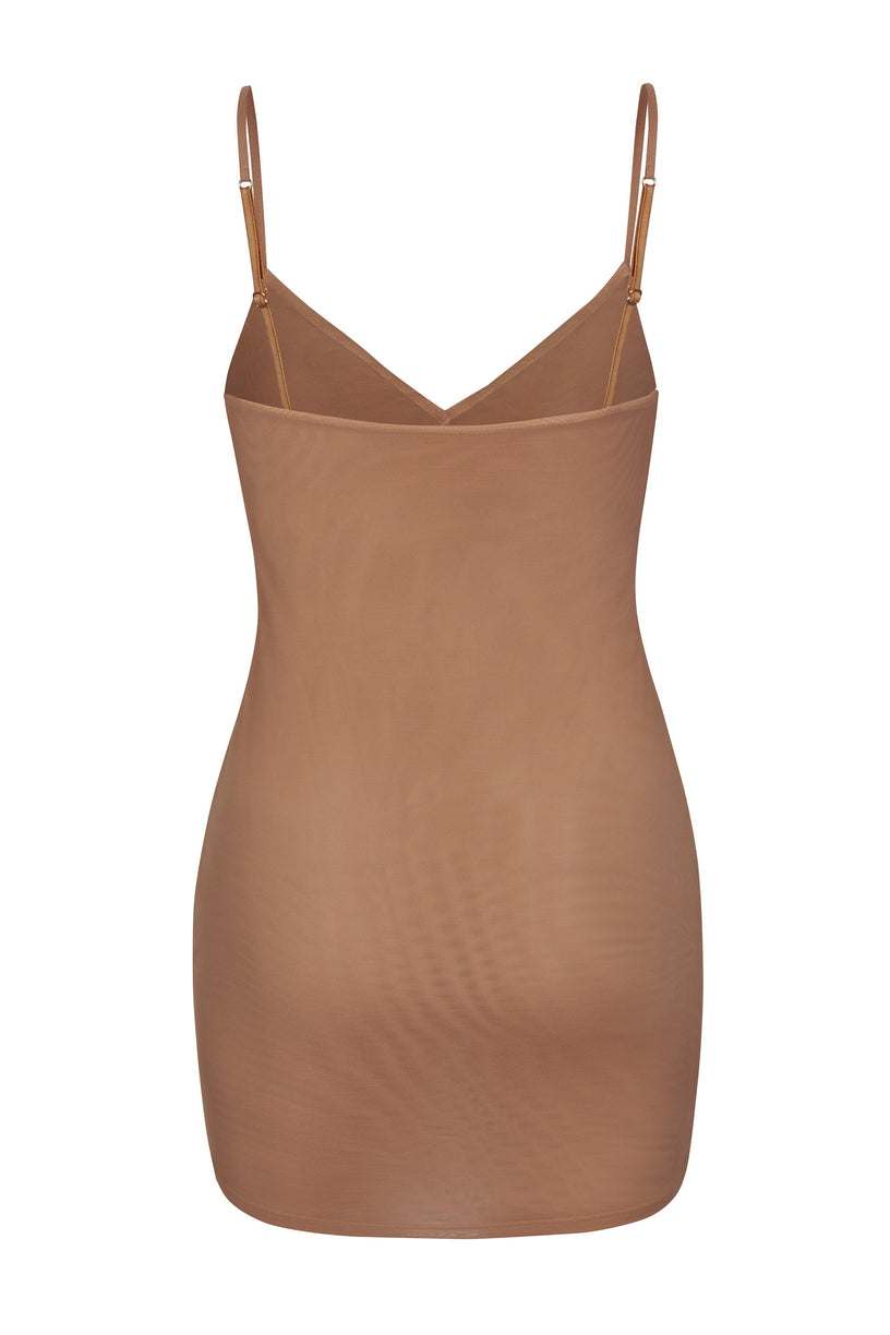 Soft Mesh V-Neck Mini Slip Dress in Honey - 2