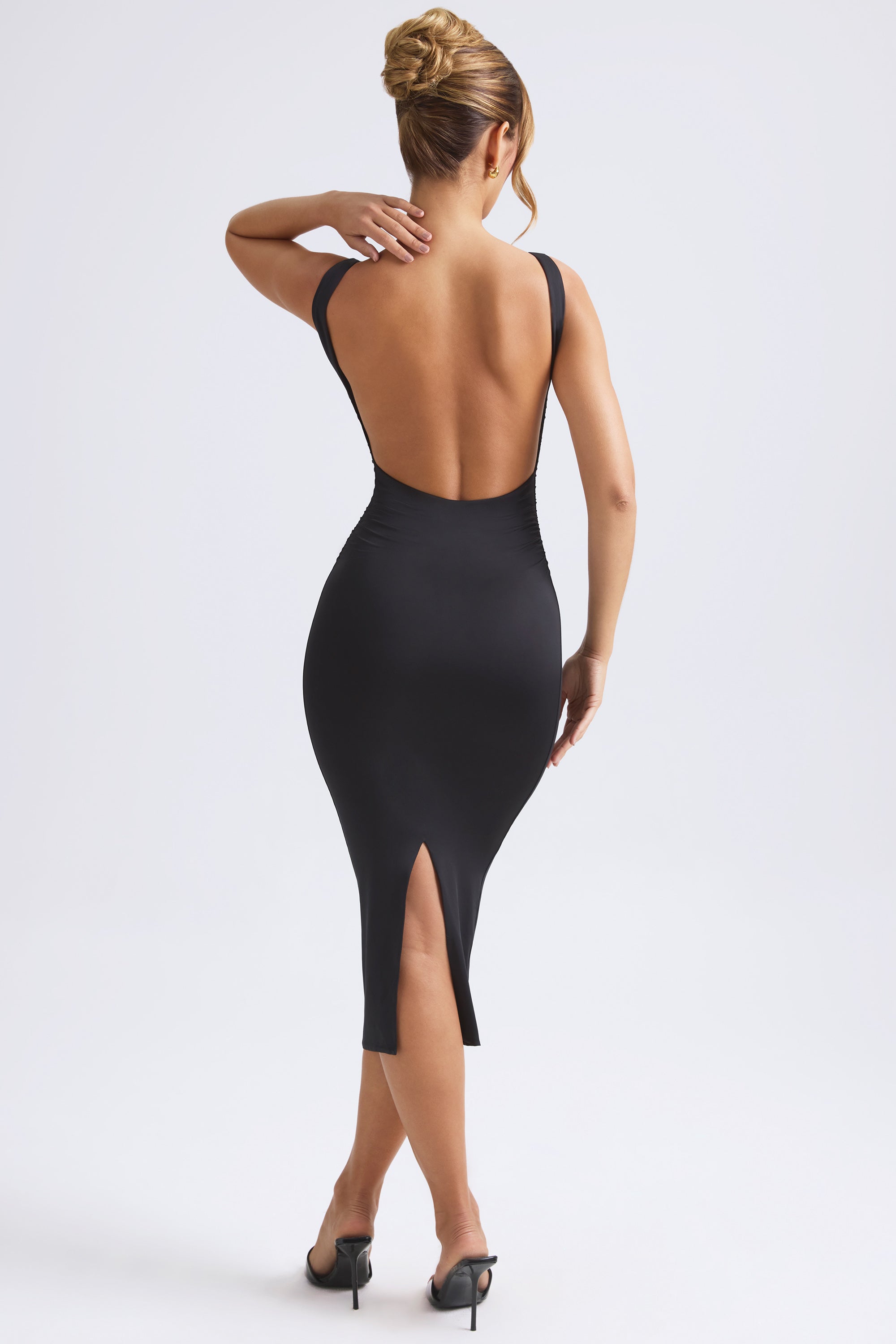 Grainne Ruched Open-Back Midaxi Dress in Black | Oh Polly