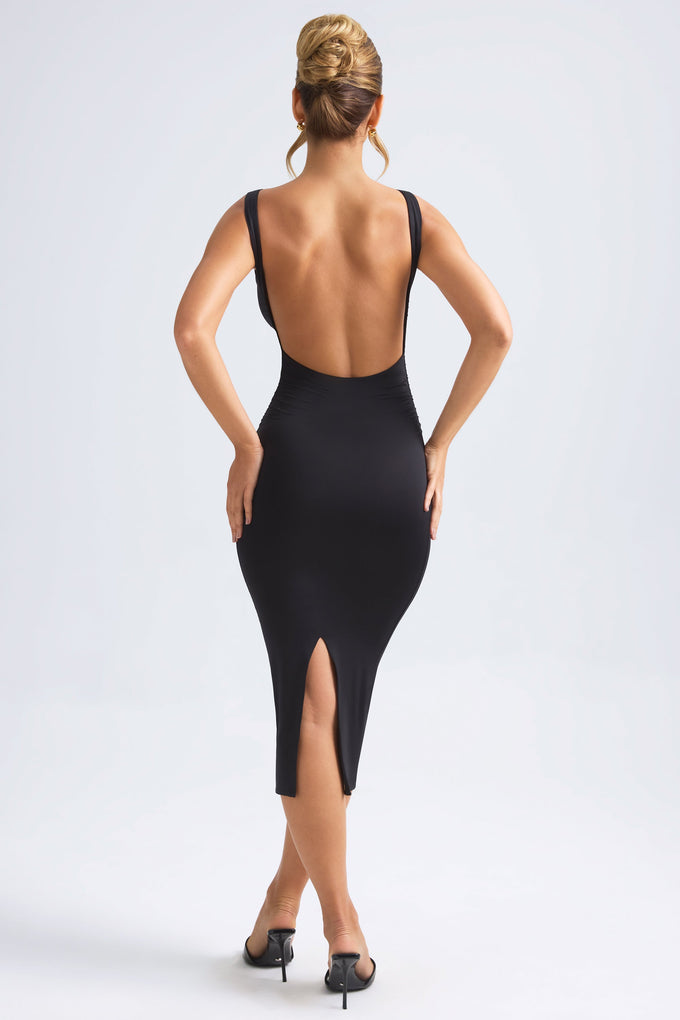 Ruched Open-Back Midaxi Dress in Black