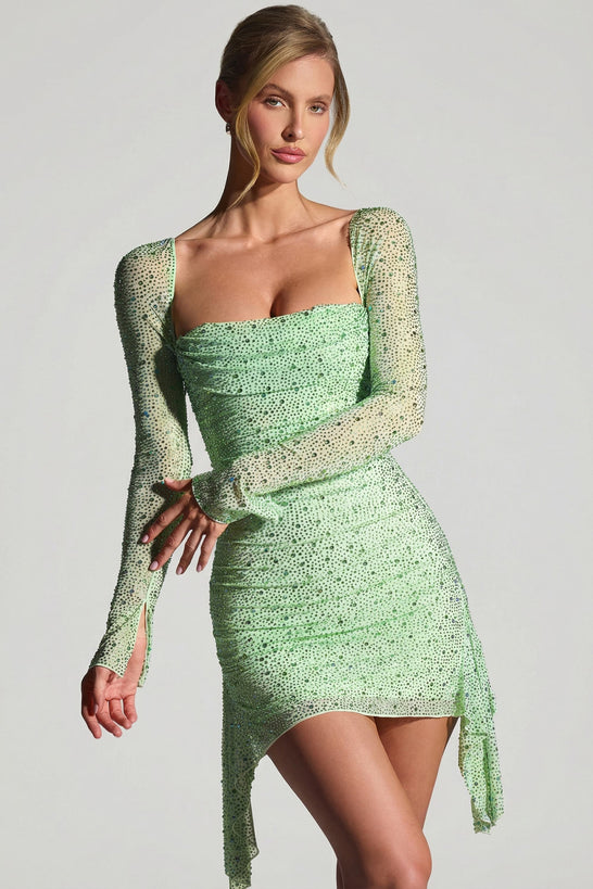 Embellished Draped Cowl-Neck Mini Dress in Pistachio