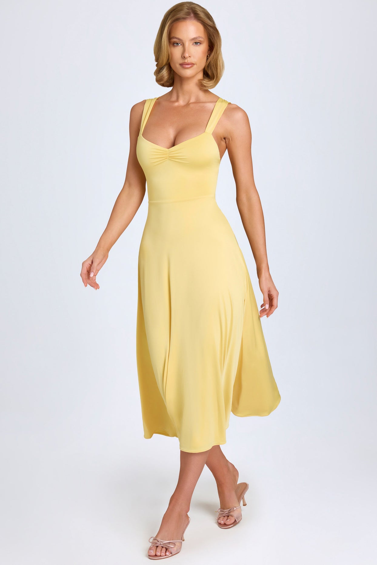 Sweetheart-Neck Ruched Midaxi Dress in Pastel Yellow