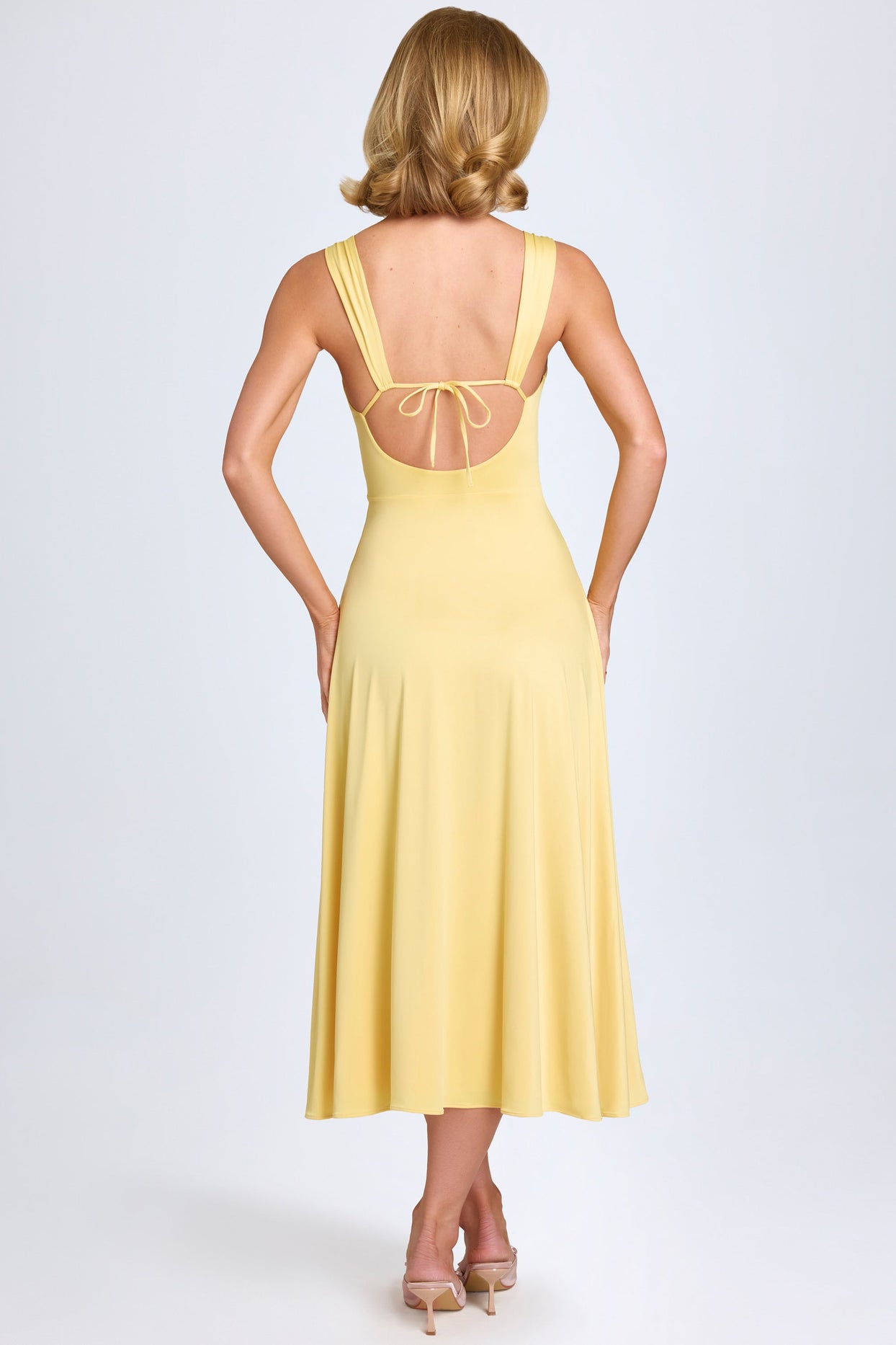 Thandie Sweetheart-Neck Ruched Midaxi Dress in Pastel Yellow Oh