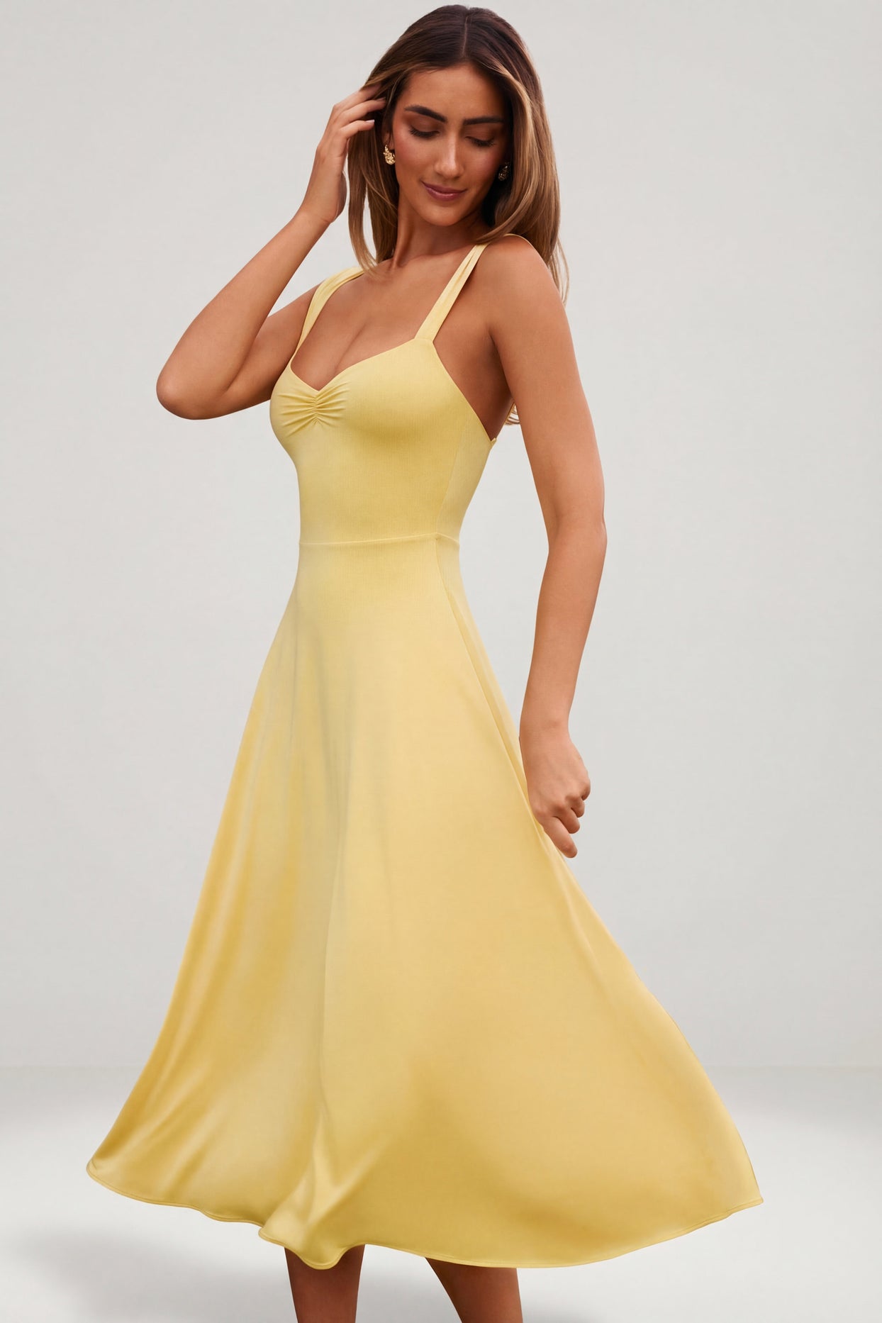 Thandie Sweetheart-Neck Ruched Midaxi Dress in Pastel Yellow | Oh Polly Thandie Sweetheart-Neck Ruched Midaxi Dress in Pastel Yellow | Oh Polly