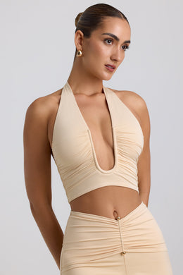 Slinky Jersey Ruched Halterneck Top in Buttercream