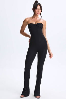 Petite Twist-Front Split Hem Flared Jumpsuit in Black