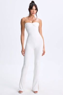 Petite Twist-Front Split Hem Flared Jumpsuit in White