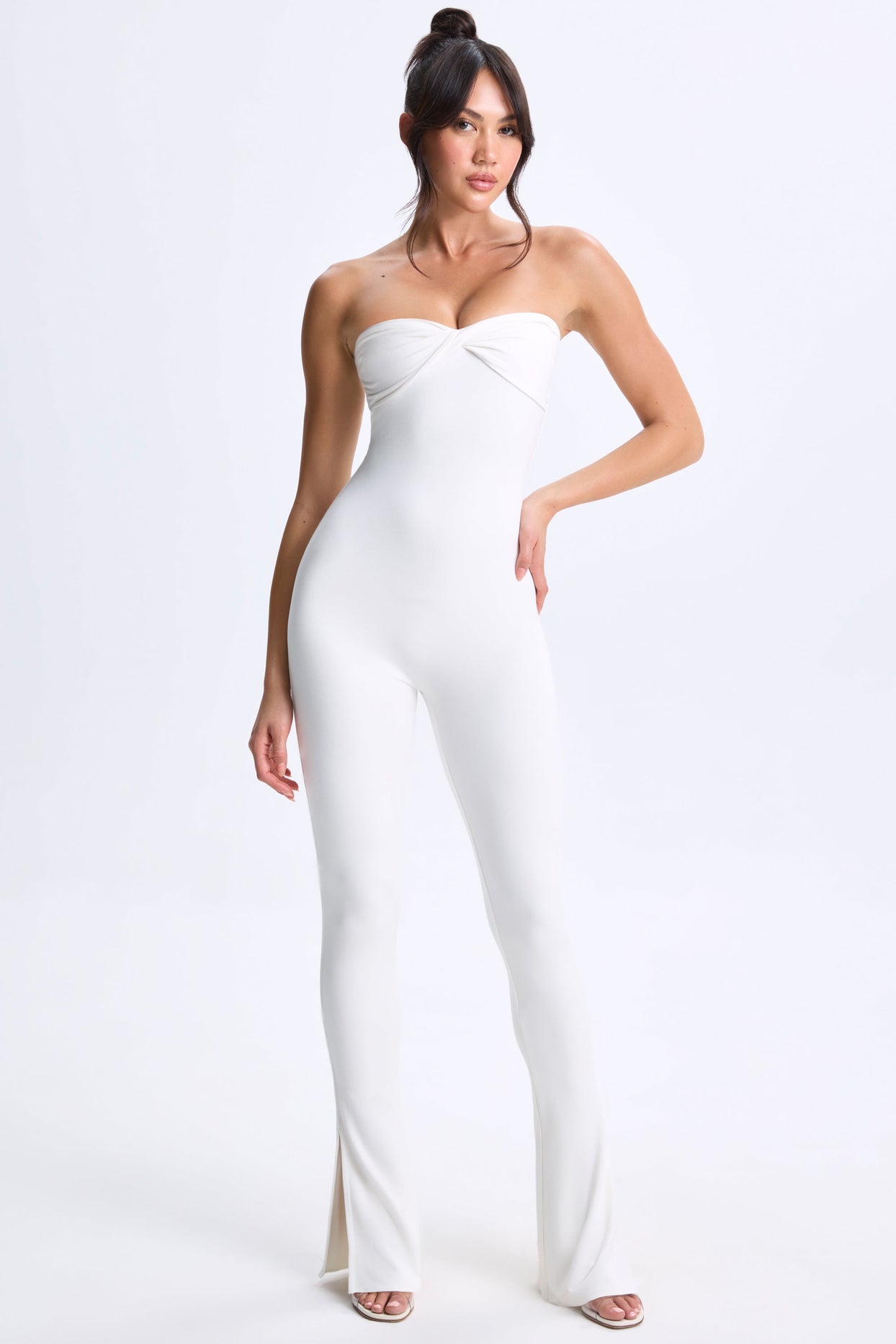 Twist-Front Split Hem Flared Jumpsuit in White - Main Image