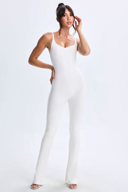 Tall Plunge Open-Back Flared Jumpsuit in White