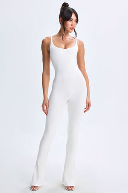 Tall Plunge Open-Back Flared Jumpsuit in White