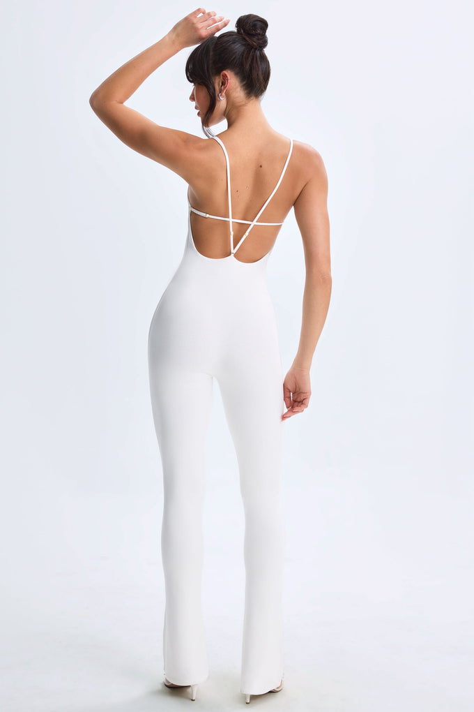 Petite Plunge Open-Back Flared Jumpsuit in White