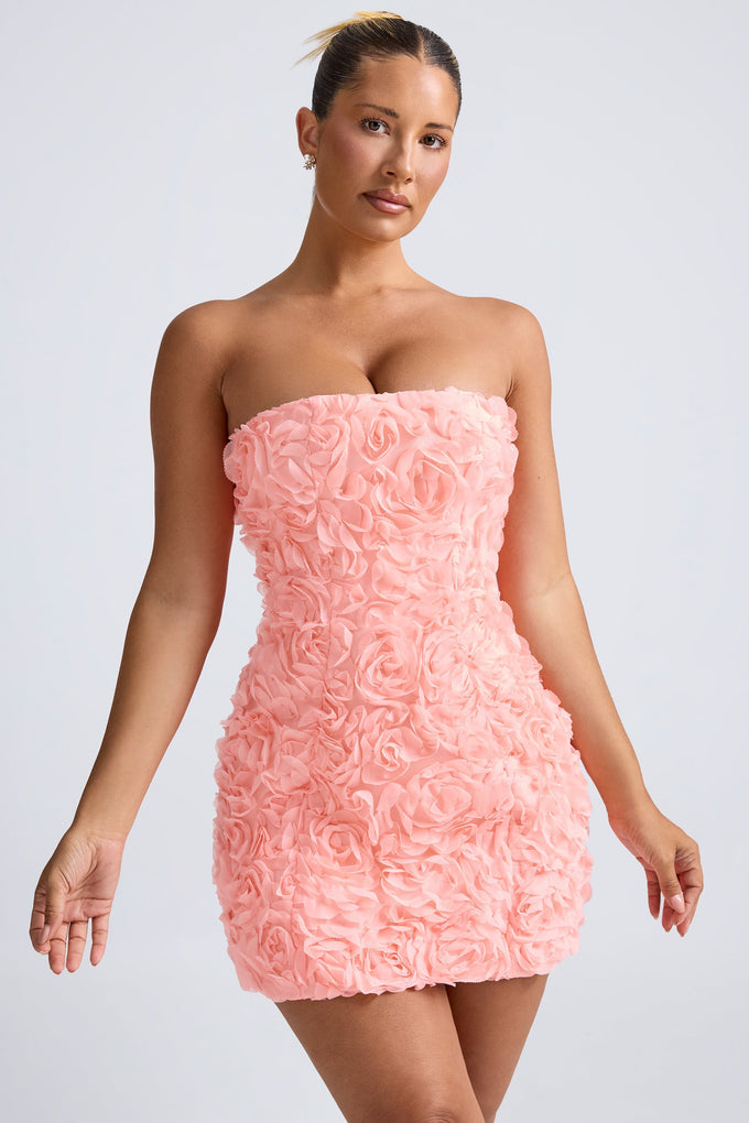 Floral-Appliqué Bandeau A-Line Mini Dress in Coral