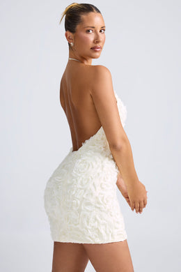 Floral-Appliqué Halterneck A-Line Mini Dress in White