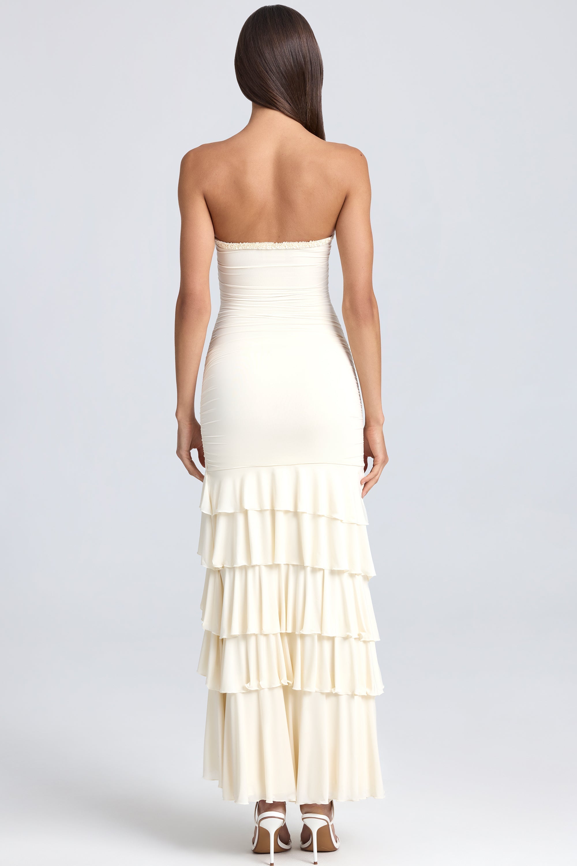 Bandeau Ruched Ruffle-Trim Maxi Dress in Ivory