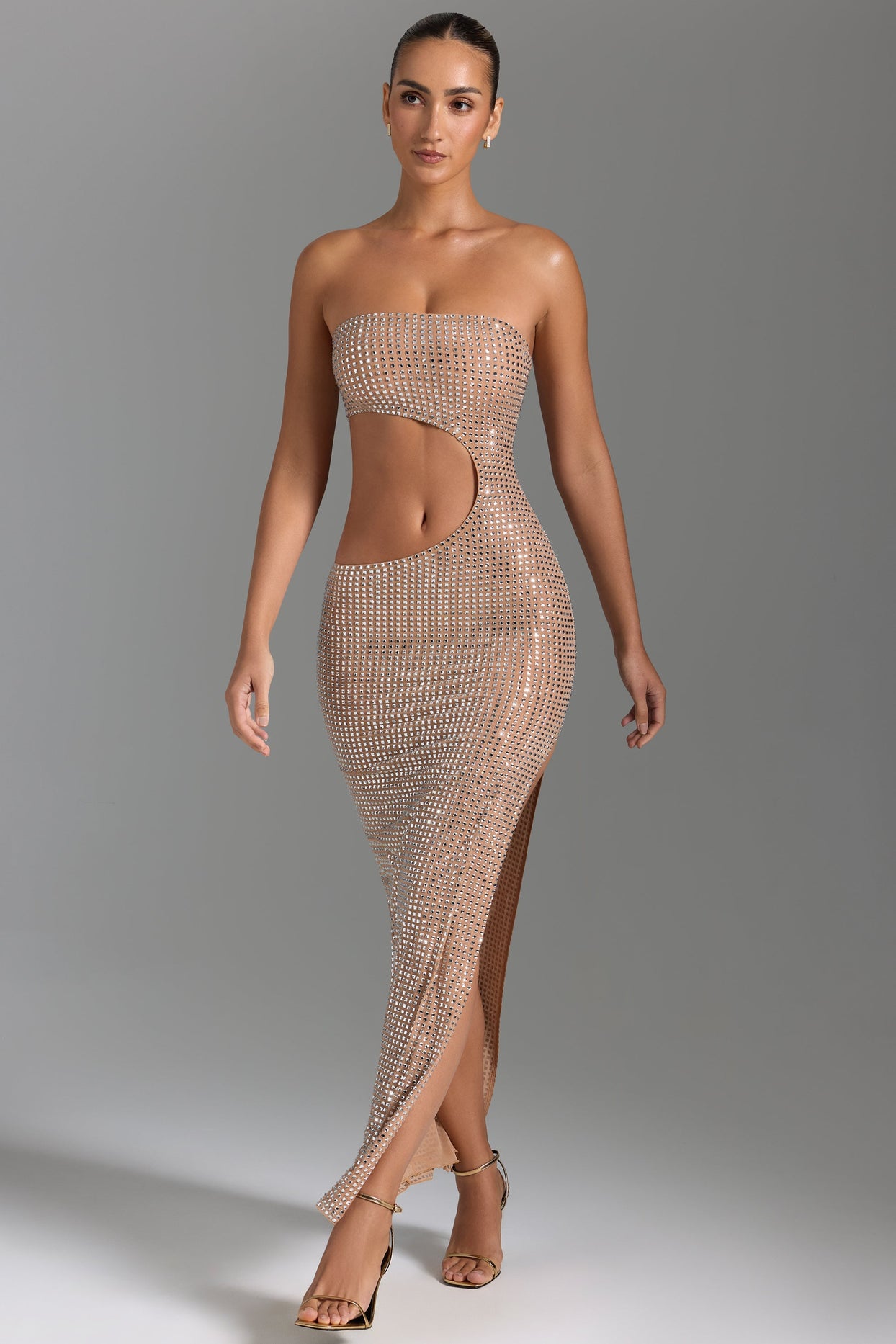 Embellished Cut-Out Bandeau Maxi Dress in Honey Embellished Cut-Out Bandeau Maxi Dress in Honey