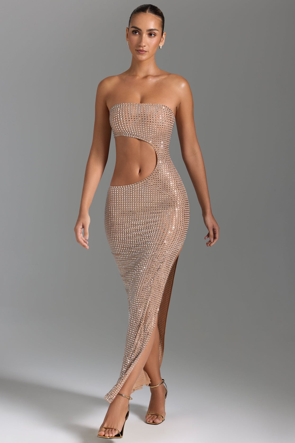 Embellished Cut-Out Bandeau Maxi Dress in Honey