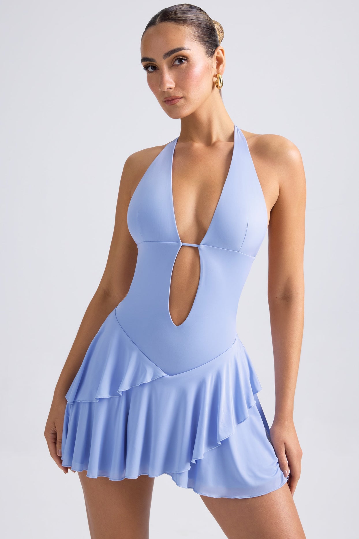 Ruffled Cut-Out Halterneck Mini Dress in Periwinkle Blue