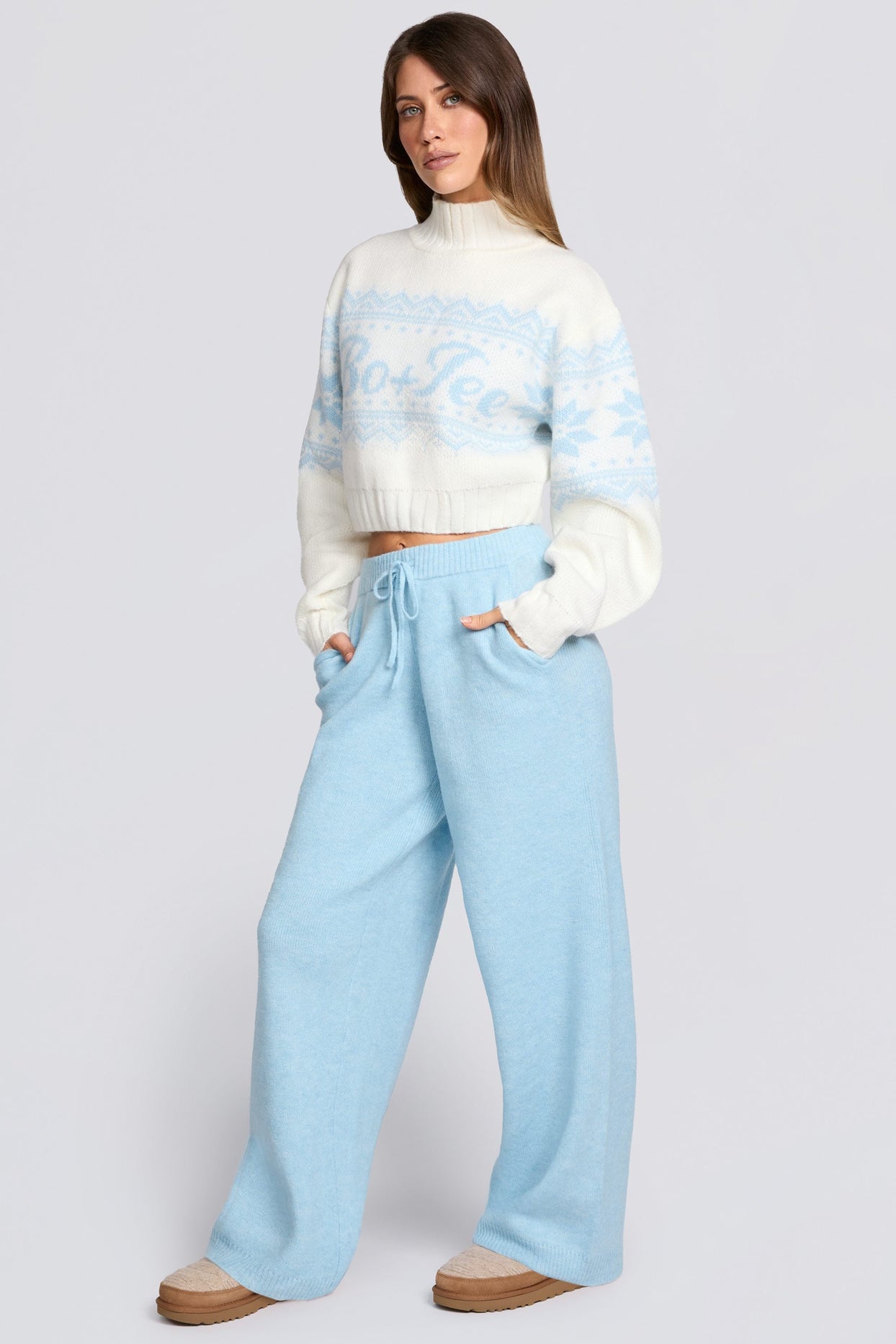Knit Mid-Rise Wide-Leg Joggers in Powder Blue