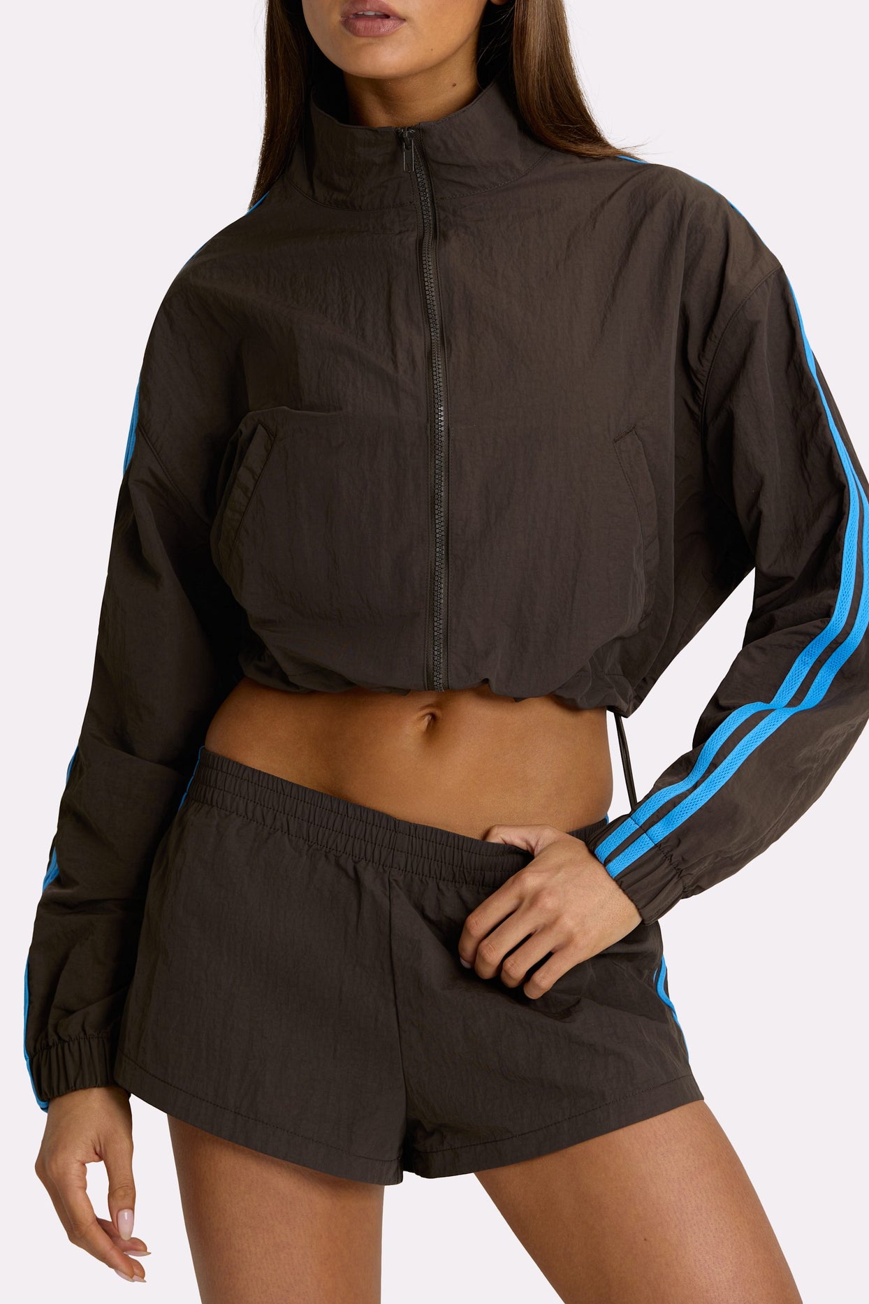 Woven Zip-Up Track Jacket in Truffle - 3