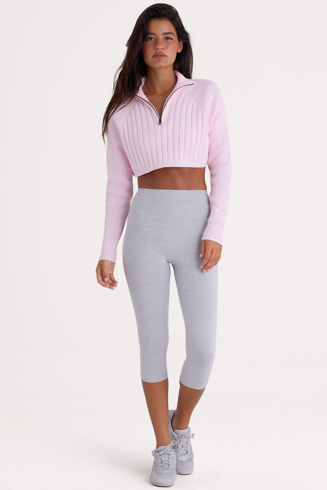 Ribbed Knit Quarter-Zip Cropped Jumper in Powder Pink - 4