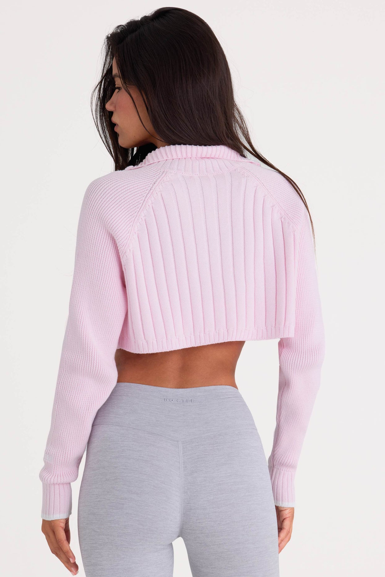 Ribbed Knit Quarter-Zip Cropped Jumper in Powder Pink - 2