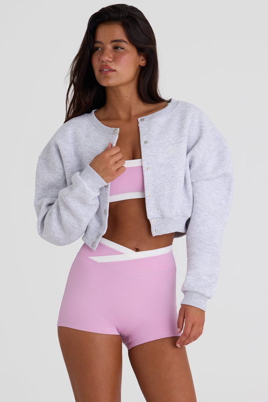 Brushed Jersey Button-Up Cropped Cardigan in Grey Marl