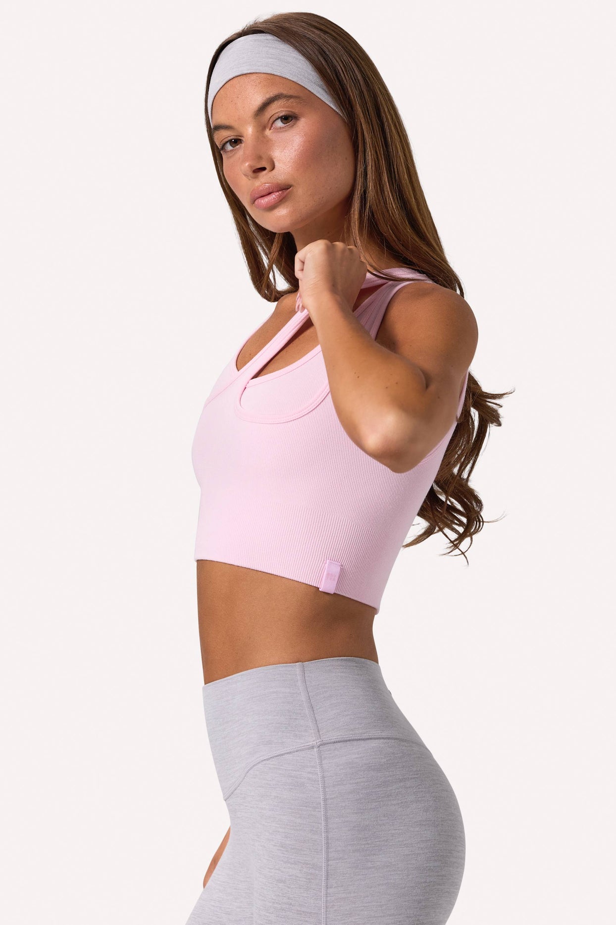 Seamless Soft Rib Asymmetric Sports Bra in Powder Pink - 3