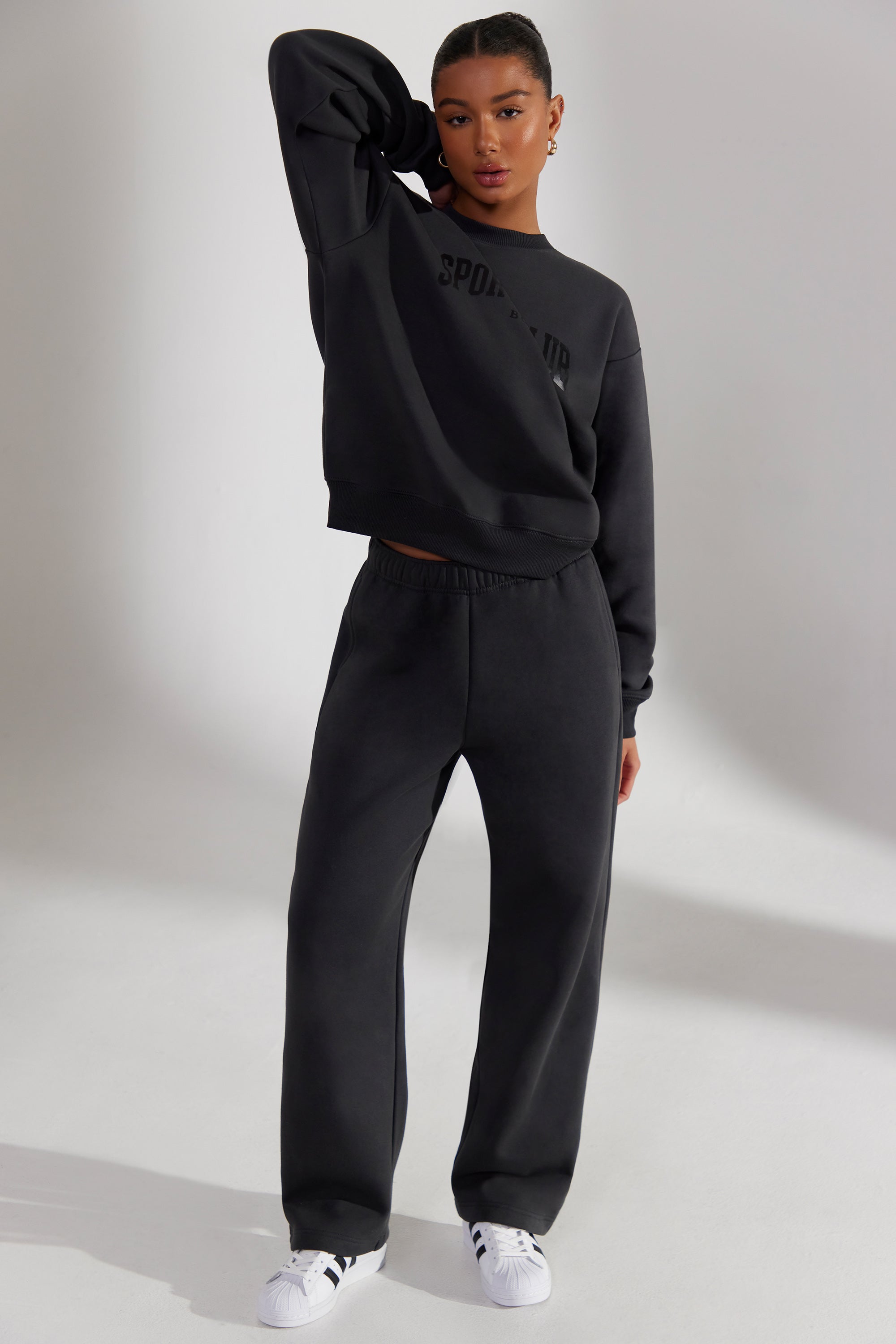 Principal Petite Wide Leg Joggers in Washed Black Oh Polly