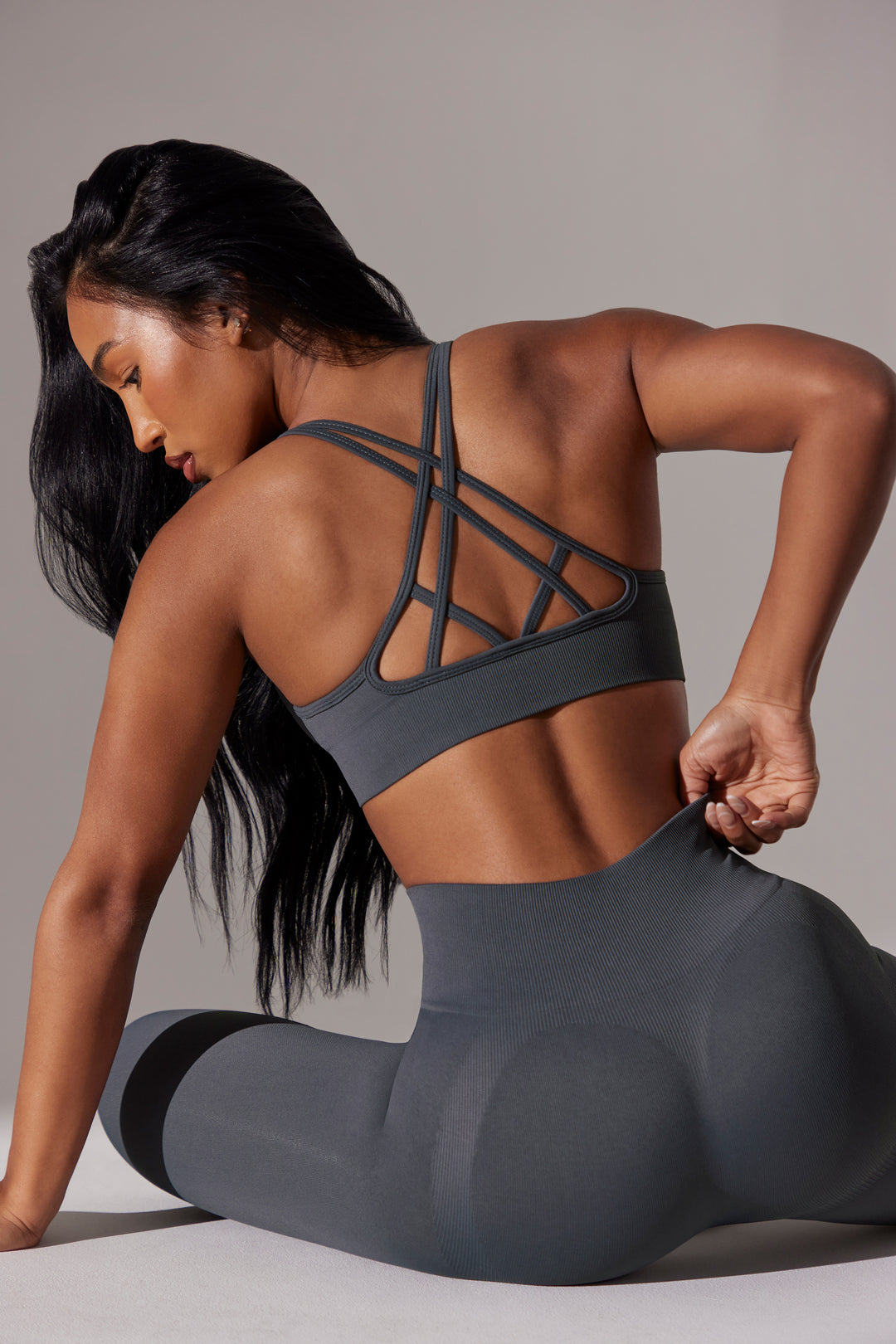 Scoop Neck Multi Strap Sports Bra in Grey