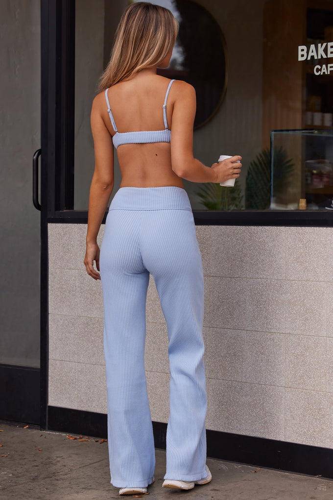 Petite Soft Rib High Waist Fold Over Trousers in Soft Blue