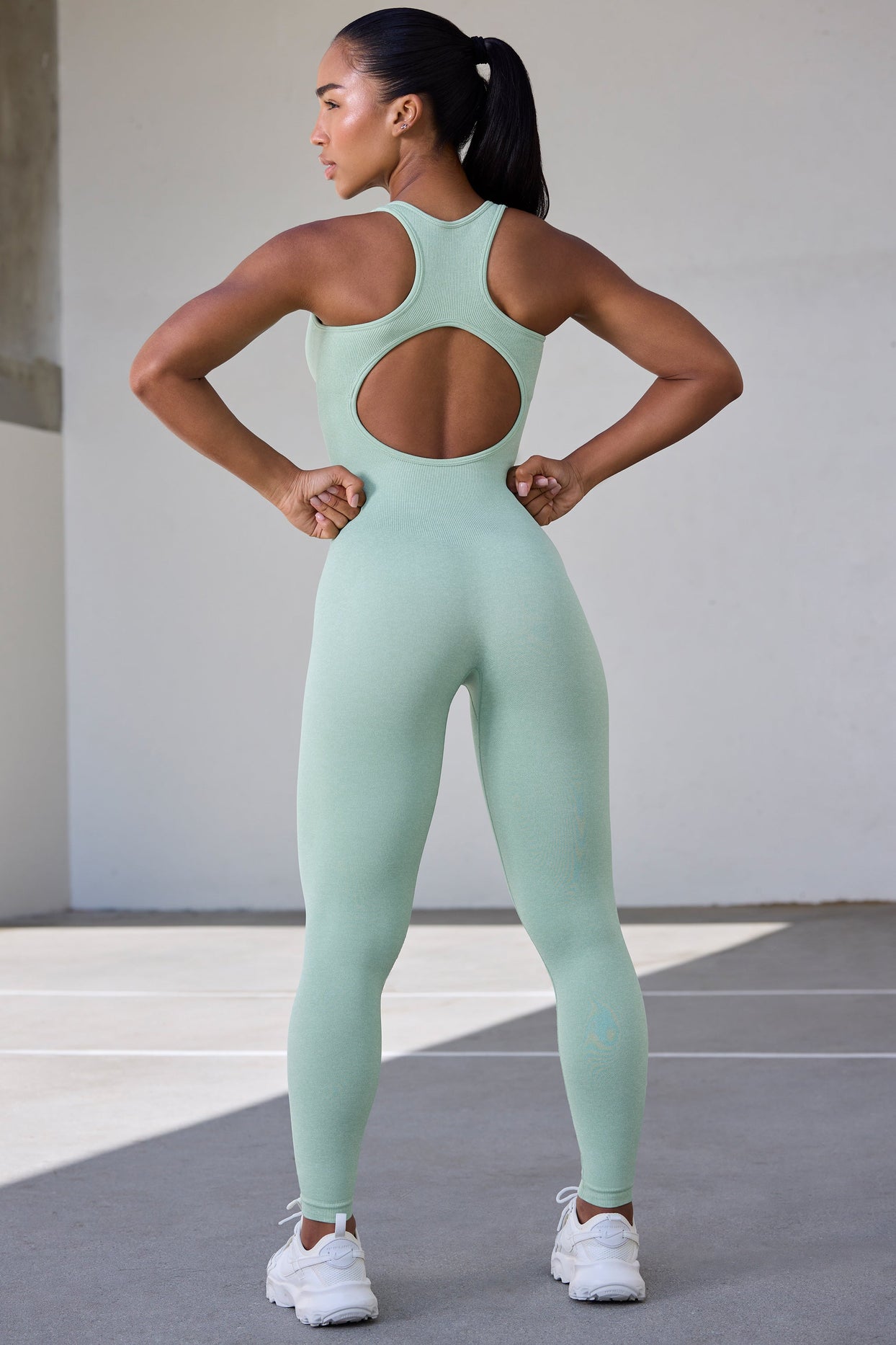 Petite Super Sculpt Seamless Zip Up Full Length Unitard in Pistachio