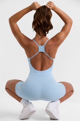 Scoop Neckline Open Back Unitard in Ice Blue